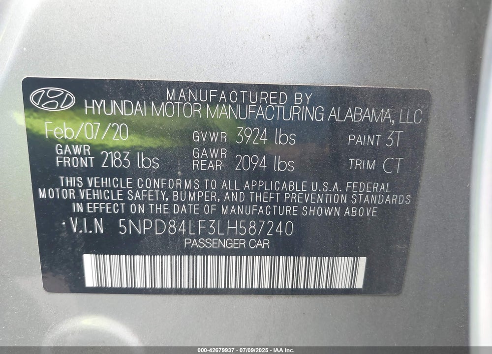 2020 HYUNDAI ELANTRA VIN: 5NPD84LF3LH587240
