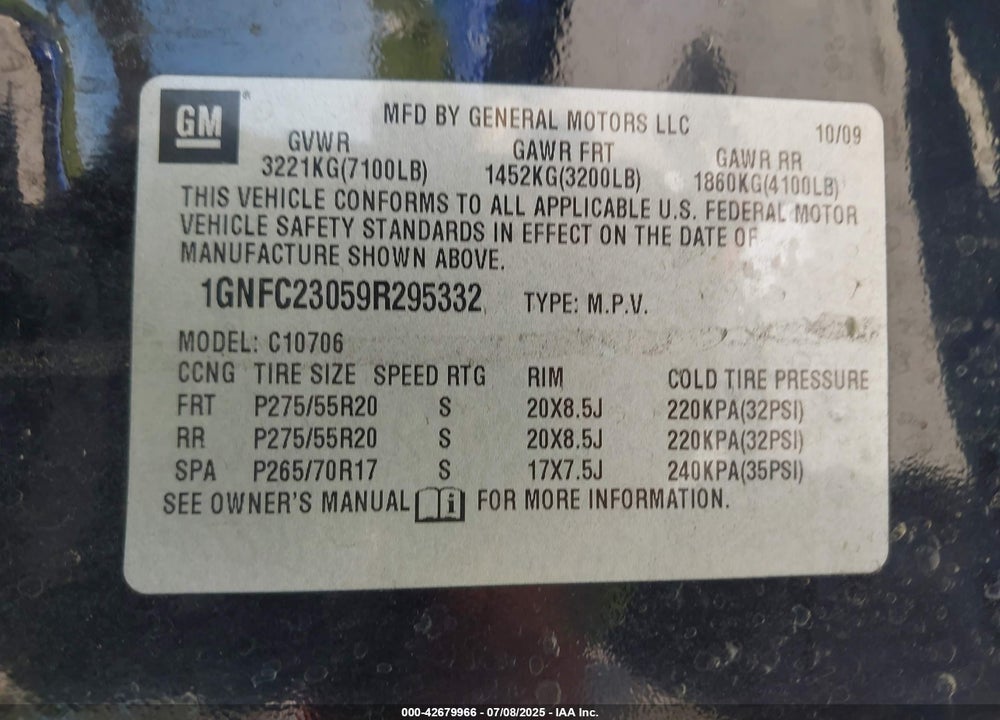2009 CHEVROLET TAHOE LT1 VIN: 1GNFC23059R295332