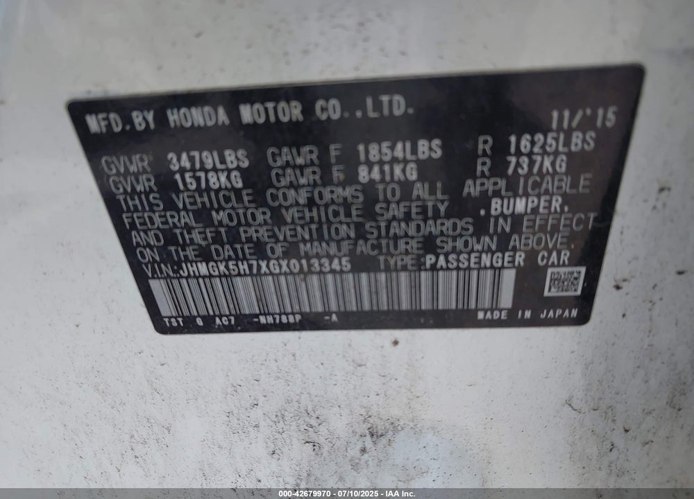 2016 HONDA FIT VIN: JHMGK5H7XGX013345
