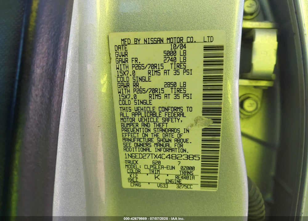 2004 NISSAN FRONTIER XE-V6 VIN: 1N6ED27TX4C482385