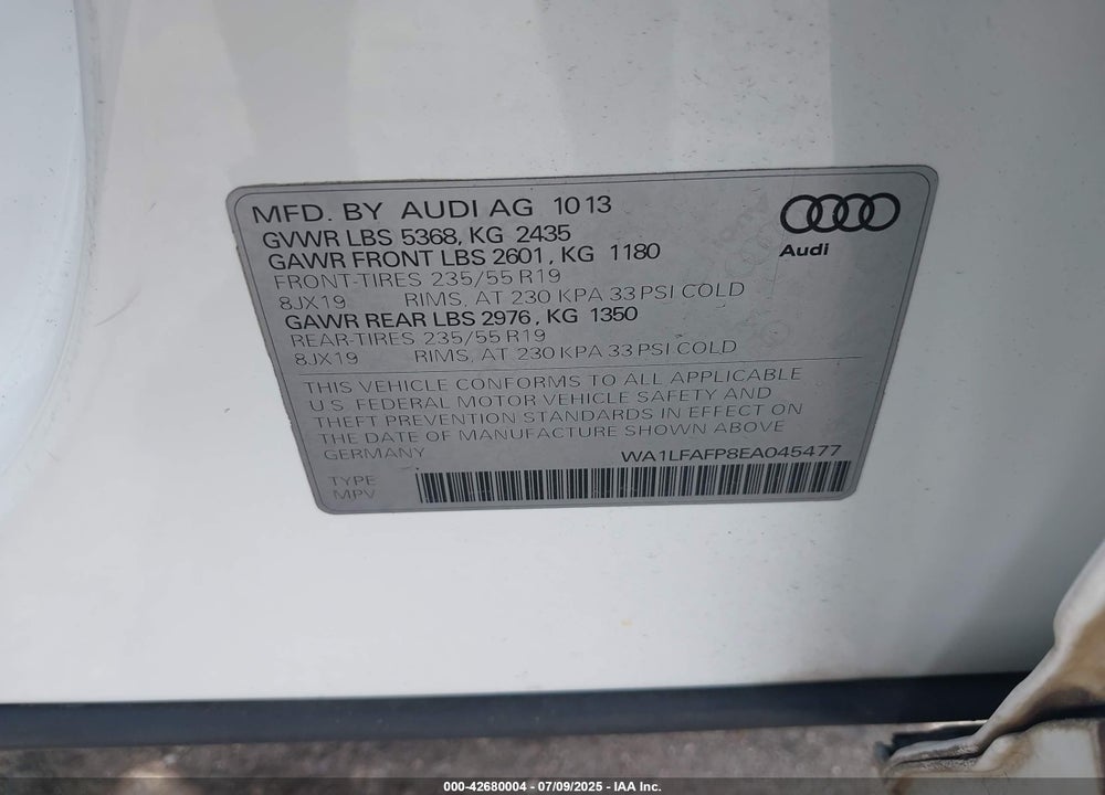 2014 AUDI Q5 VIN: WA1LFAFP8EA045477