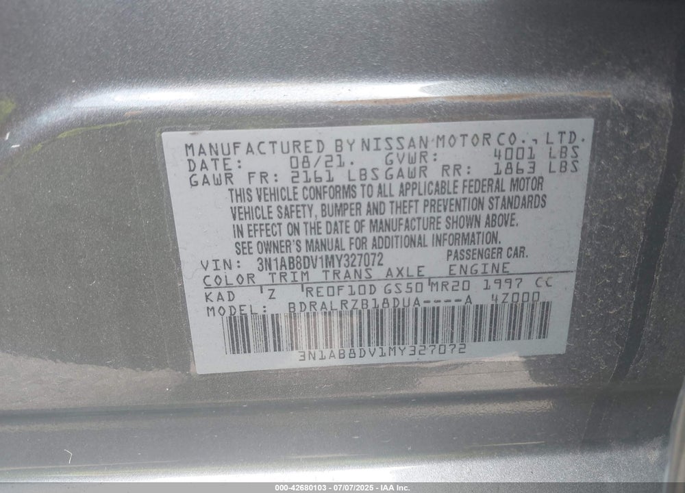 2021 NISSAN SENTRA VIN: 3N1AB8DV1MY327072
