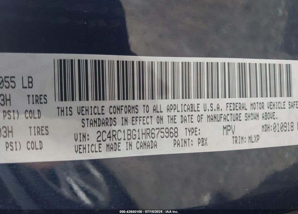 2017 CHRYSLER PACIFICA TOURING L VIN: 2C4RC1BG1HR675968
