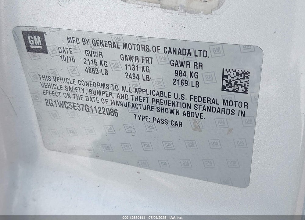 2016 CHEVROLET IMPALA LIMITED LTZ VIN: 2G1WC5E37G1122086