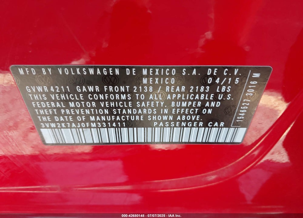2015 VOLKSWAGEN JETTA VIN: 3VW2K7AJ0FM331411