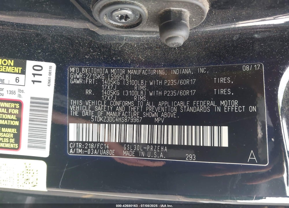 2017 TOYOTA SIENNA LE 8 PASSENGER VIN: 5TDKZ3DC4HS879967