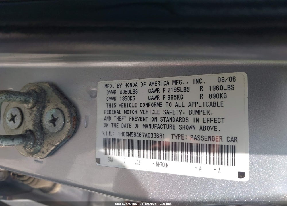 2007 HONDA ACCORD 2.4 LX VIN: 1HGCM56467A033681