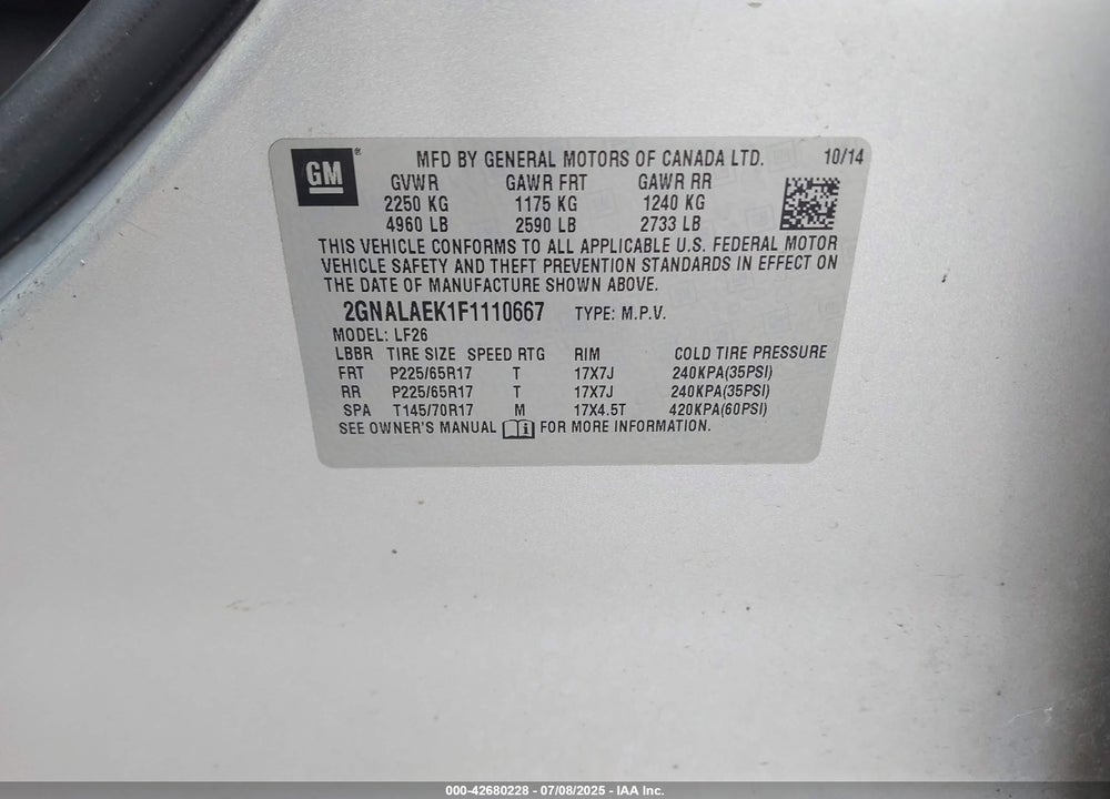 2015 CHEVROLET EQUINOX VIN: 2GNALAEK1F1110667
