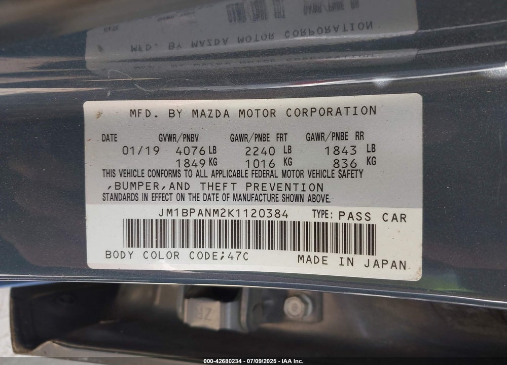 2019 MAZDA 3 PREMIUM PACKAGE VIN: JM1BPANM2K1120384