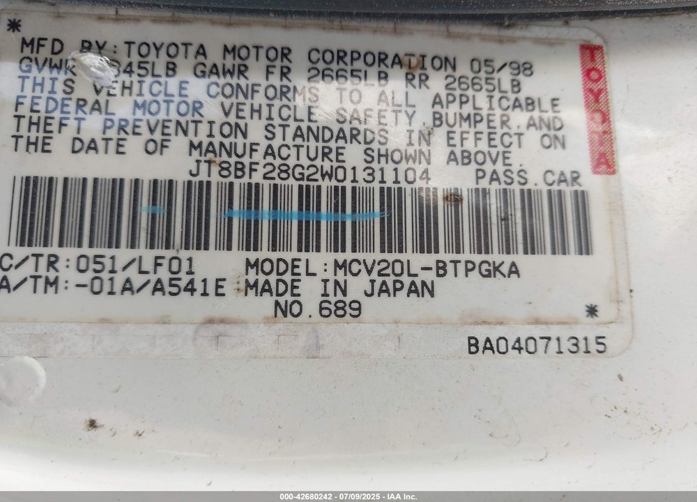 1998 LEXUS ES 300 VIN: JT8BF28G2W0131104