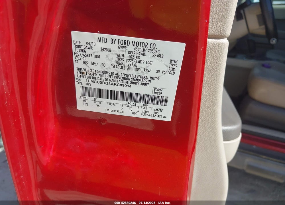 2010 FORD ESCAPE VIN: 1FMCU0DG3AKC89014