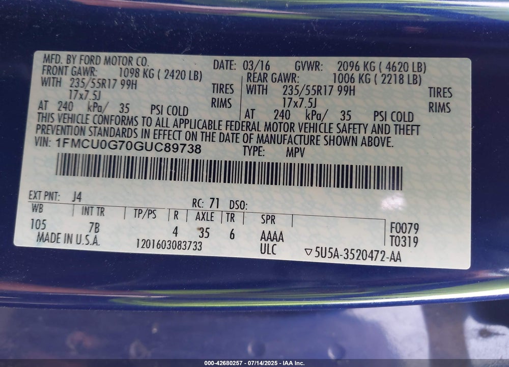 2016 FORD ESCAPE VIN: 1FMCU0G70GUC89738