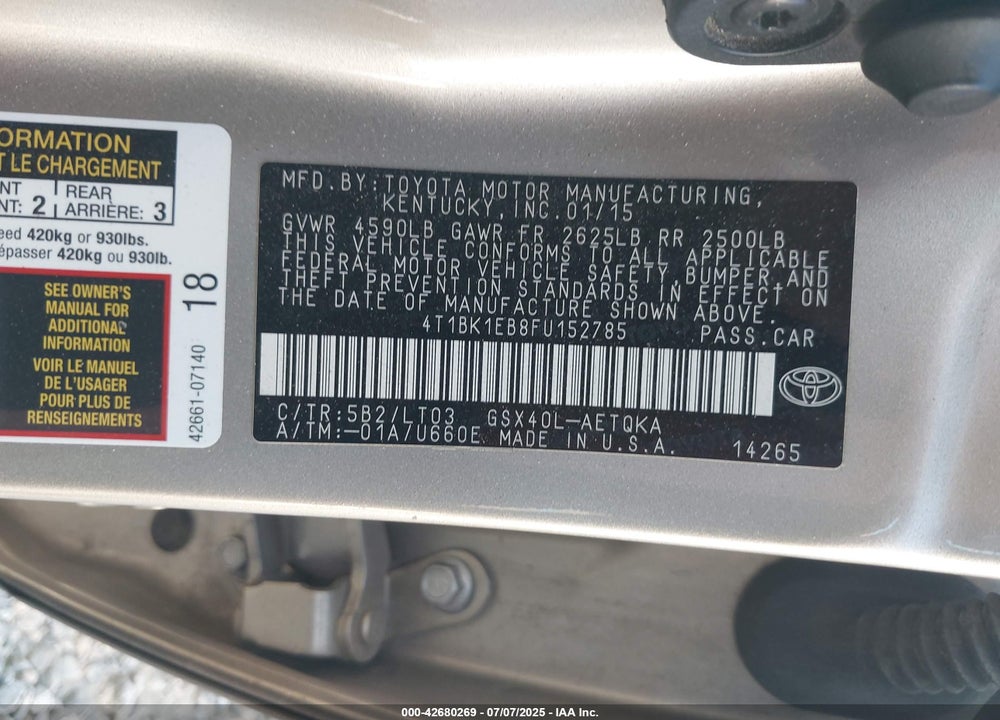 2015 TOYOTA AVALON VIN: 4T1BK1EB8FU152785