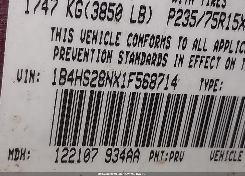 2001 DODGE DURANGO VIN: 1B4HS28NX1F568714