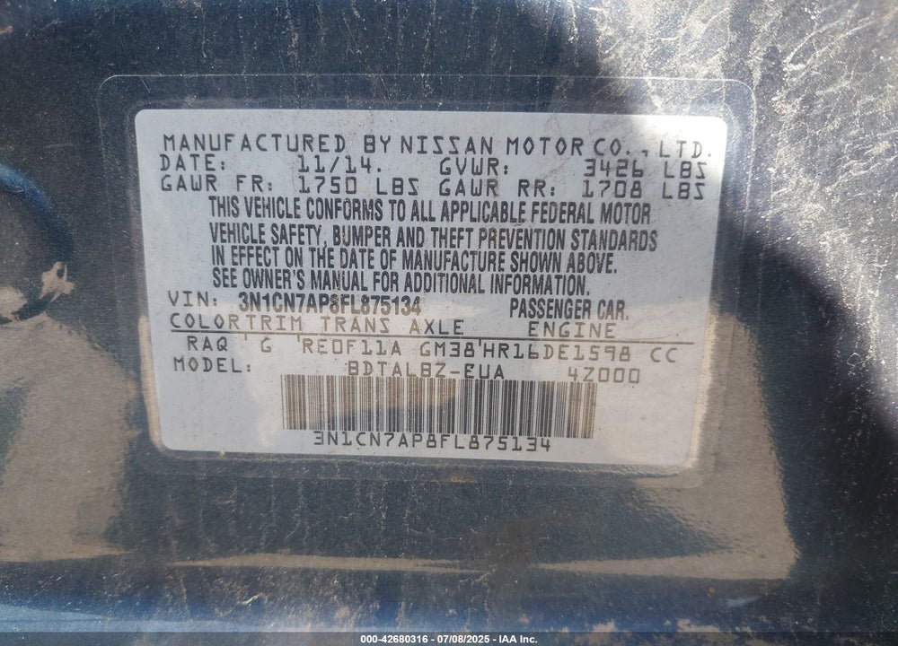 2015 NISSAN VERSA VIN: 3N1CN7AP8FL875134