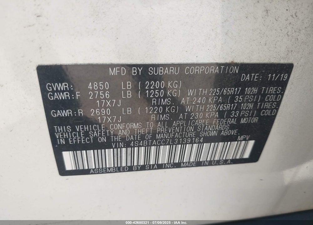 2020 SUBARU OUTBACK VIN: 4S4BTACC7L3139164