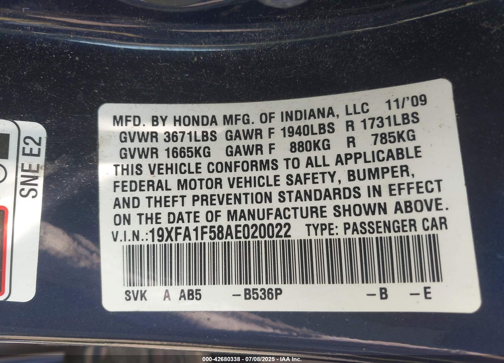 2010 HONDA CIVIC VIN: 19XFA1F58AE020022
