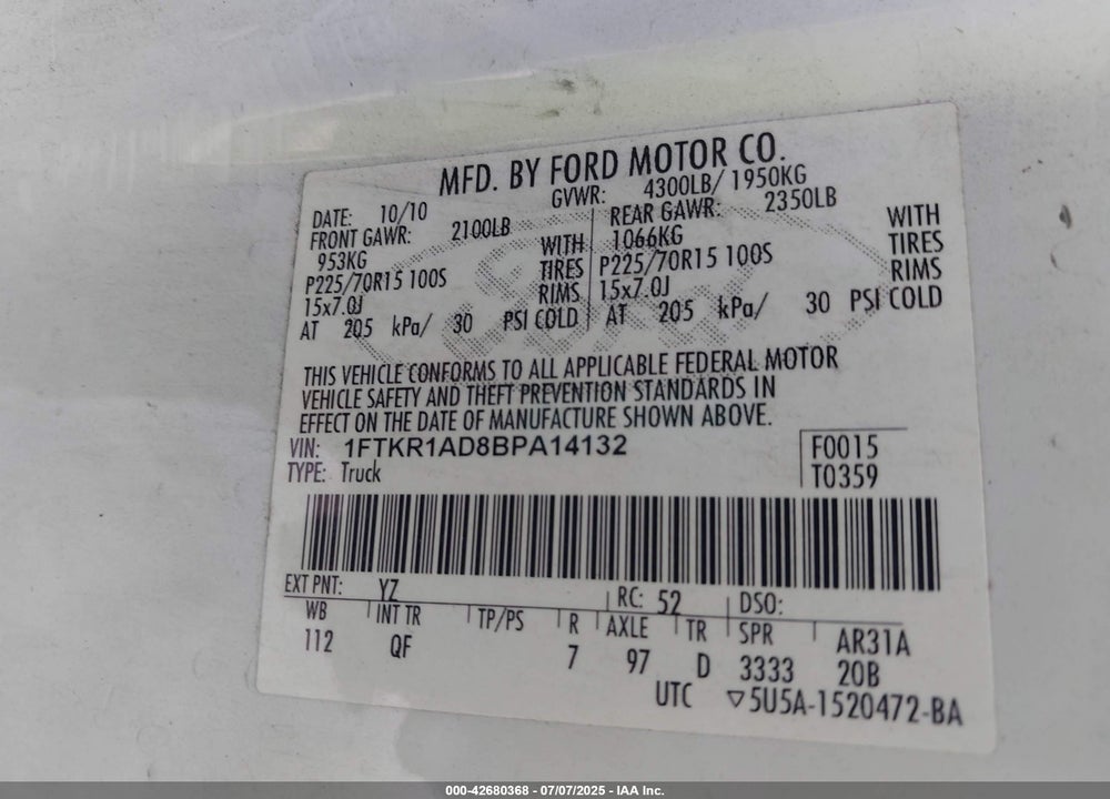 2011 FORD RANGER VIN: 1FTKR1AD8BPA14132