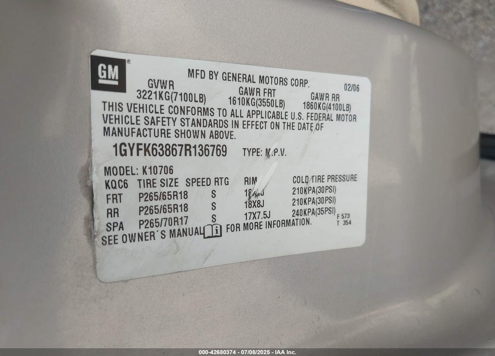 2007 CADILLAC ESCALADE STANDARD VIN: 1GYFK63867R136769