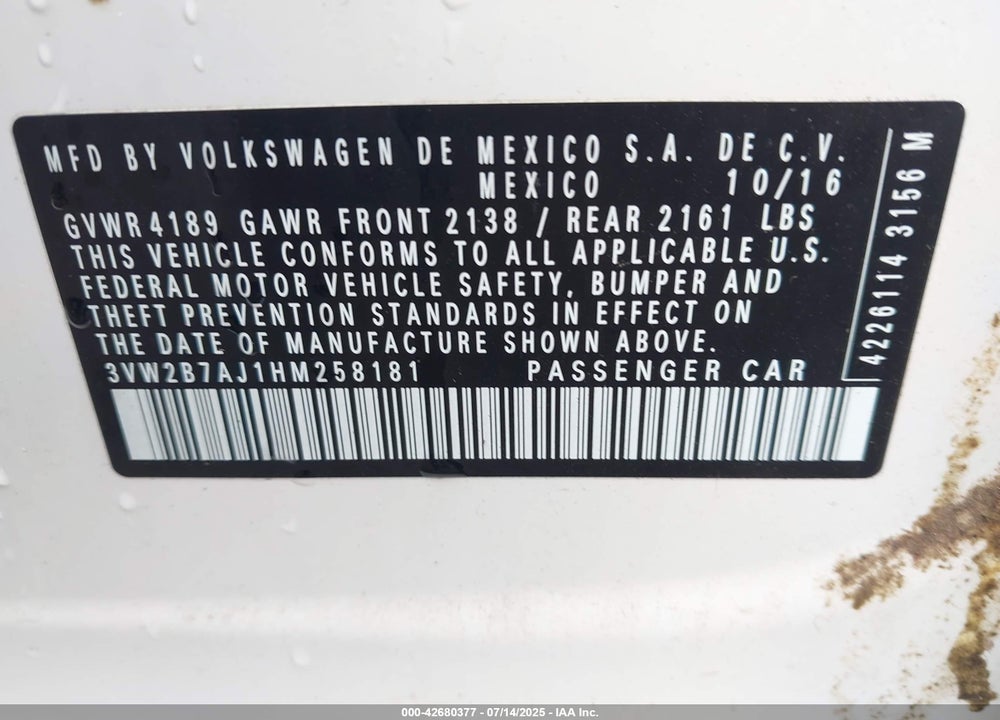 2017 VOLKSWAGEN JETTA VIN: 3VW2B7AJ1HM258181