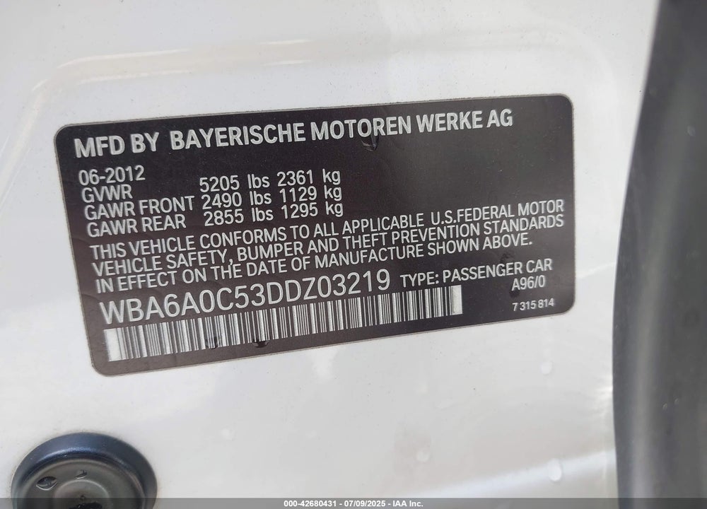 2013 BMW 6 SERIES VIN: WBA6A0C53DDZ03219