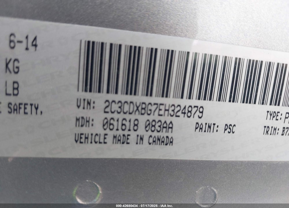 2014 DODGE CHARGER SE VIN: 2C3CDXBG7EH324879