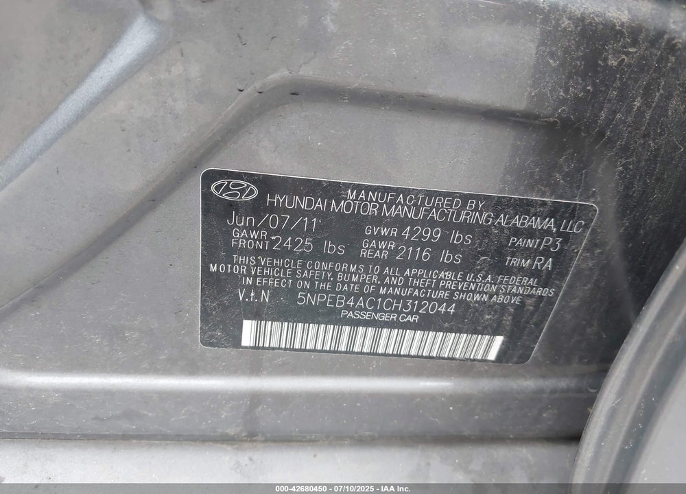 2012 HYUNDAI SONATA VIN: 5NPEB4AC1CH312044
