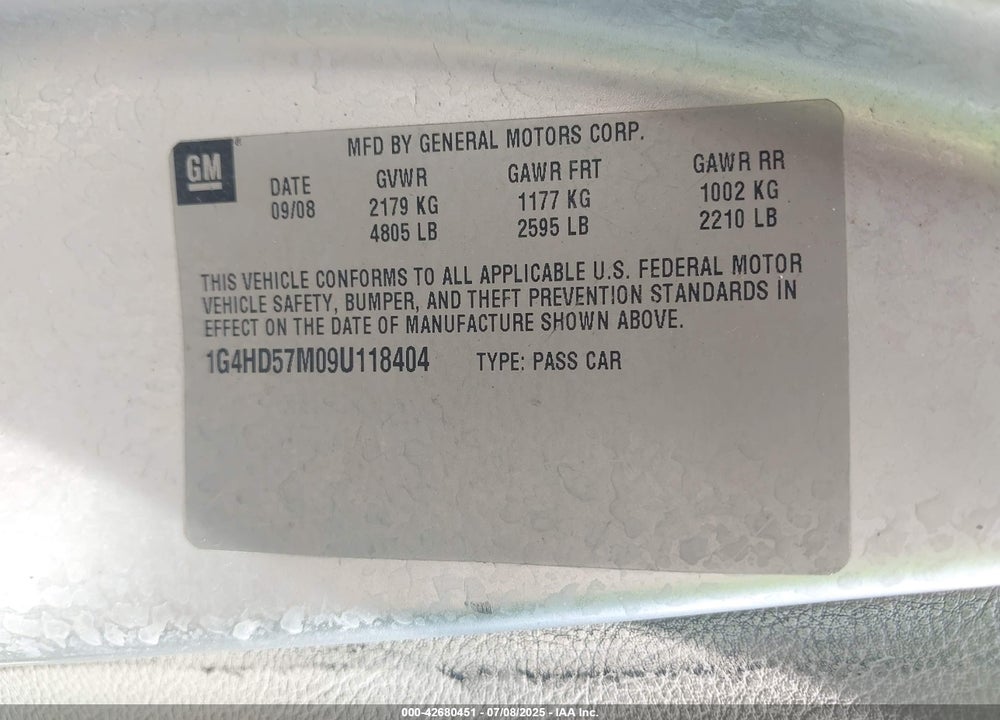 2009 BUICK LUCERNE VIN: 1G4HD57M09U118404