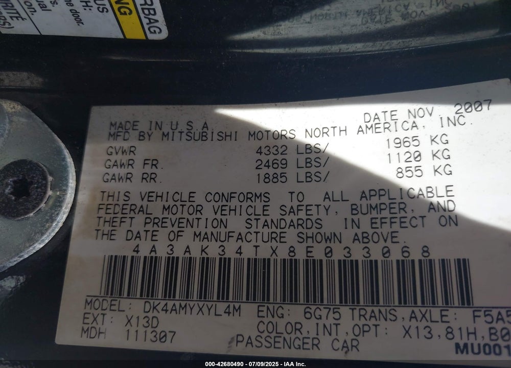 2008 MITSUBISHI ECLIPSE VIN: 4A3AK34TX8E033068
