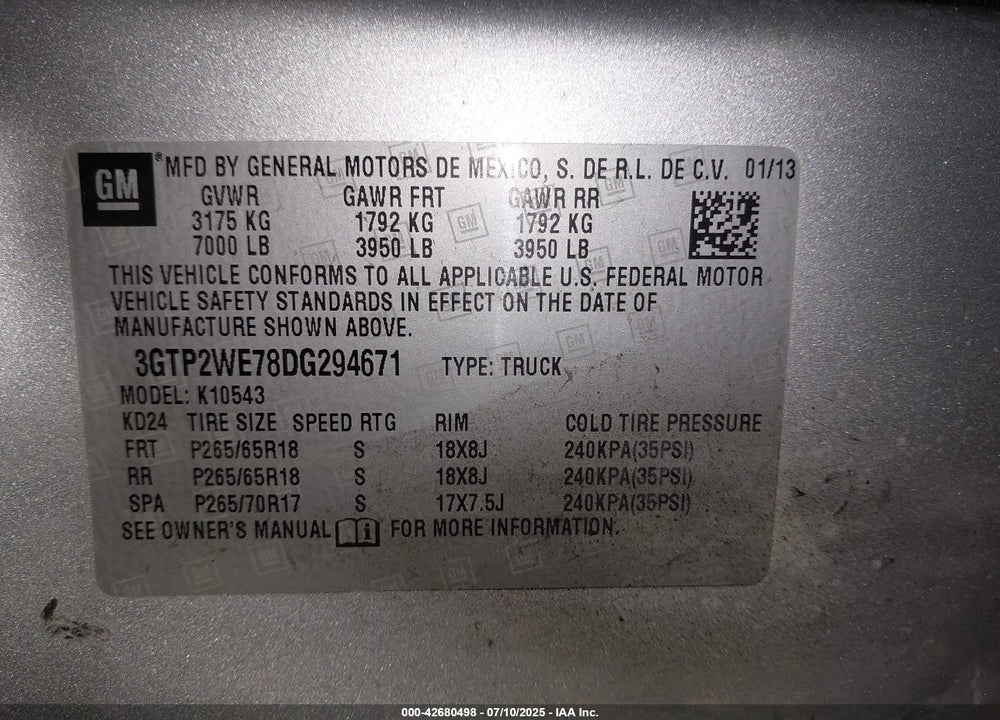 2013 GMC SIERRA 1500 SLT VIN: 3GTP2WE78DG294671