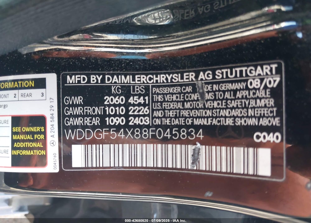 2008 MERCEDES-BENZ C 300 LUXURY/SPORT VIN: WDDGF54X88F045834