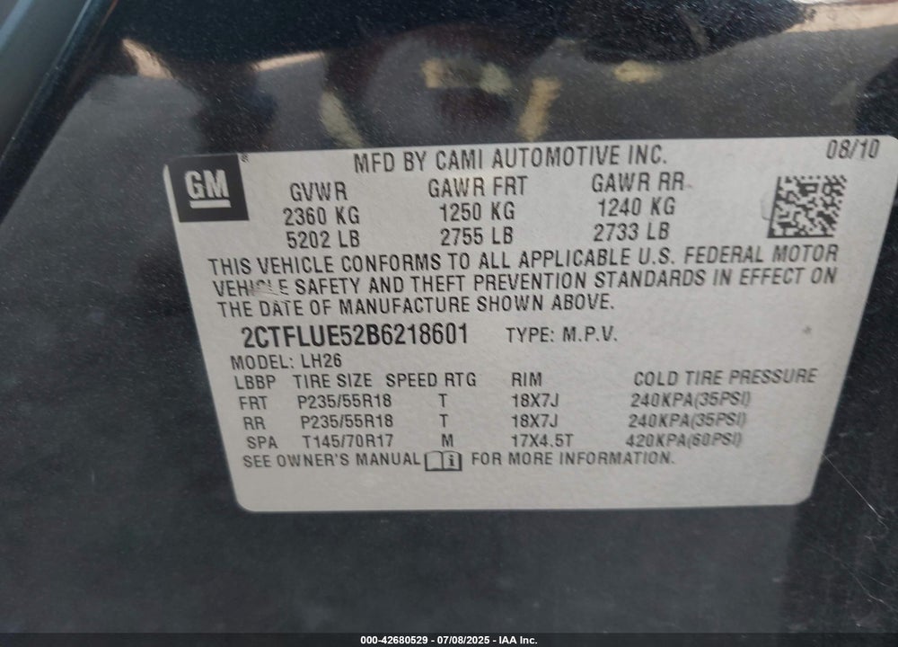 2011 GMC TERRAIN VIN: 2CTFLUE52B6218601