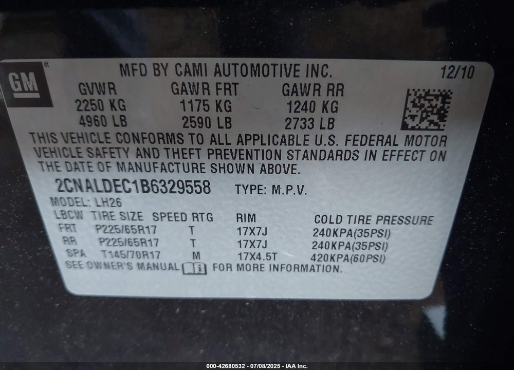 2011 CHEVROLET EQUINOX VIN: 2CNALDEC1B6329558