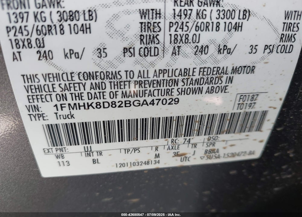 2011 FORD EXPLORER VIN: 1FMHK8D82BGA47029