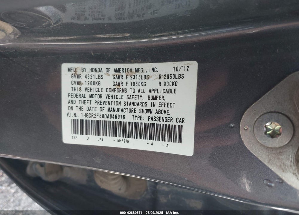 2013 HONDA ACCORD VIN: 1HGCR2F88DA046916