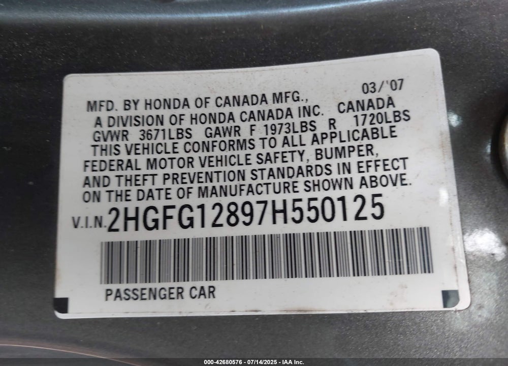 2007 HONDA CIVIC VIN: 2HGFG12897H550125