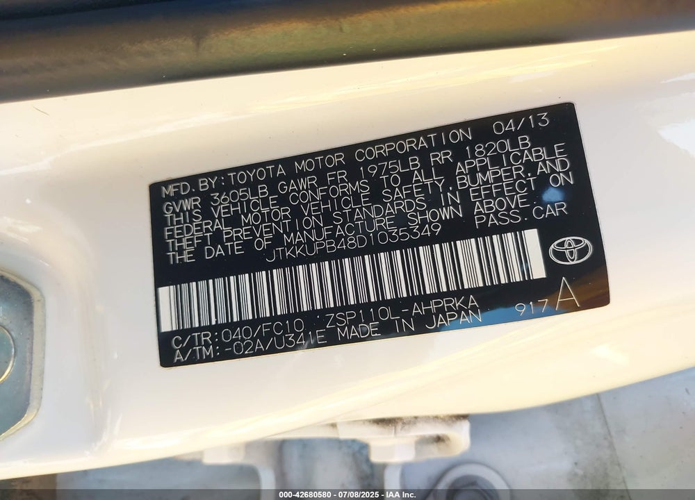 2013 SCION XD VIN: JTKKUPB48D1035349