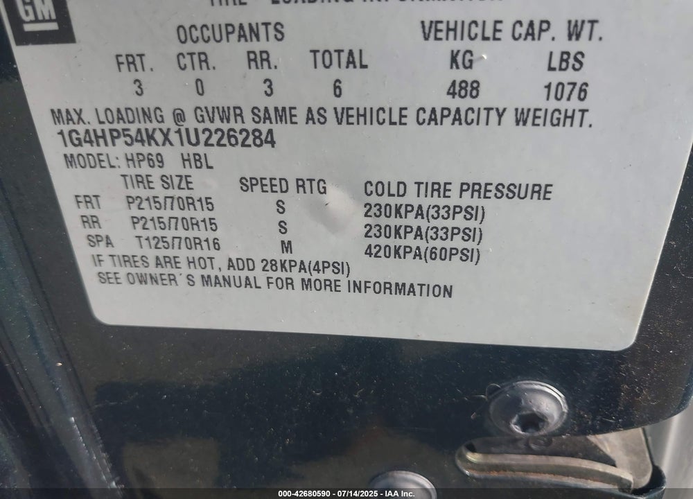 2000 BUICK LESABRE CUSTOM VIN: 1G4HP54K6Y4118934