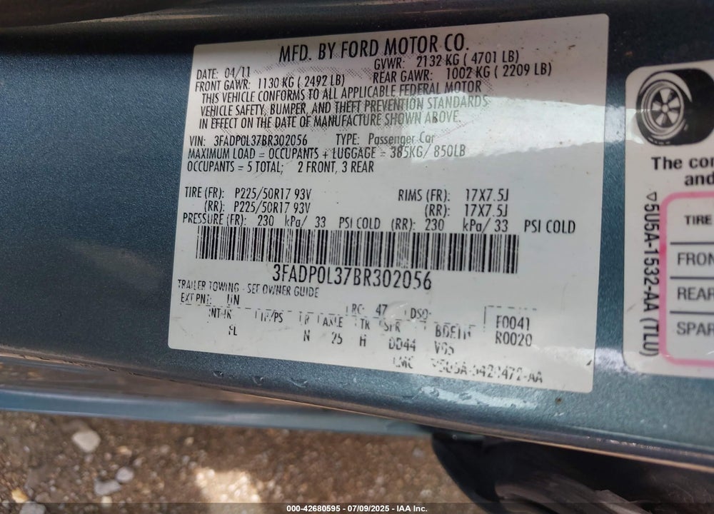 2011 FORD FUSION HYBRID VIN: 3FADP0L37BR302056