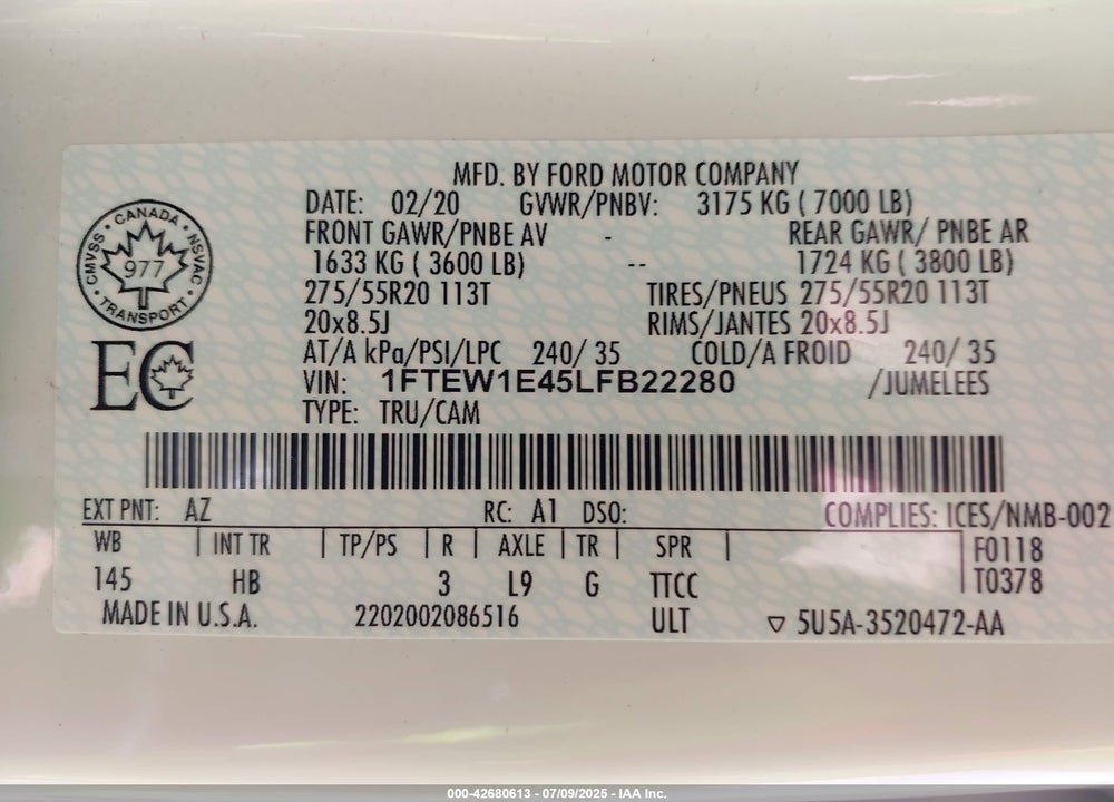 2020 FORD F-150 VIN: 1FTEW1E45LFB22280