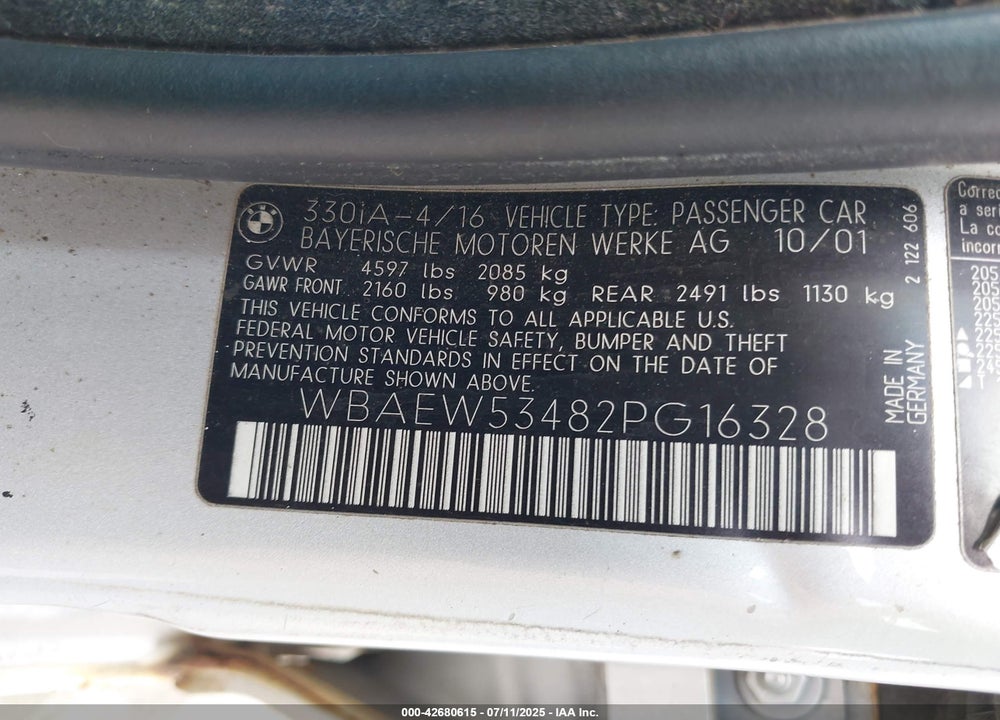 2002 BMW 330XI VIN: WBAEW53482PG16328