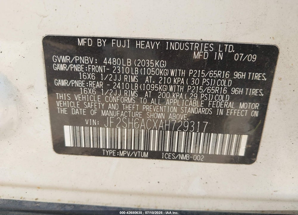 2010 SUBARU FORESTER VIN: JF2SH6ACXAH729317