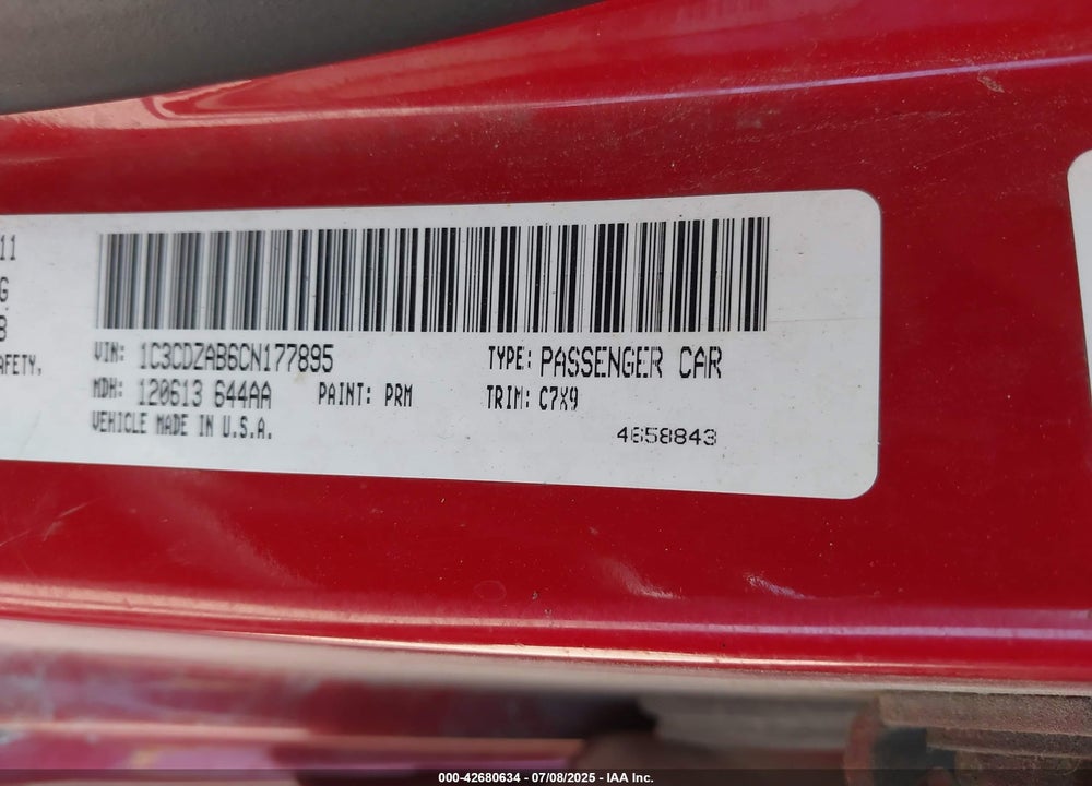 2012 DODGE AVENGER VIN: 1C3CDZAB6CN177895
