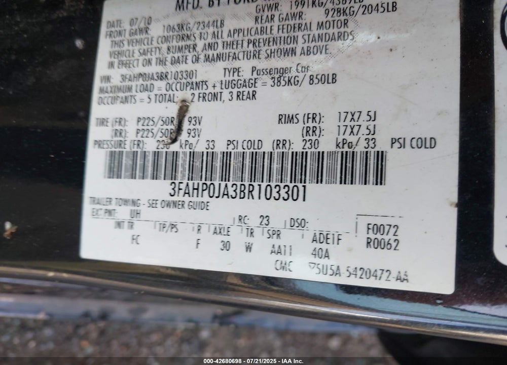 2011 FORD FUSION VIN: 3FAHP0JA3BR103301