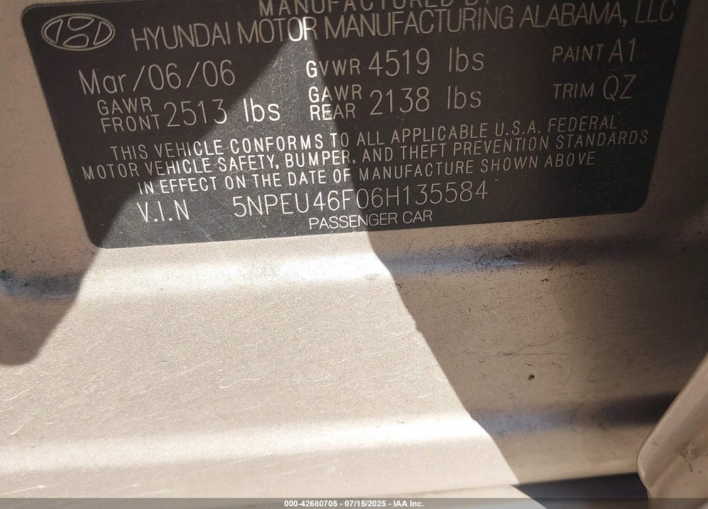 2006 HYUNDAI SONATA VIN: 5NPEU46F06H135584