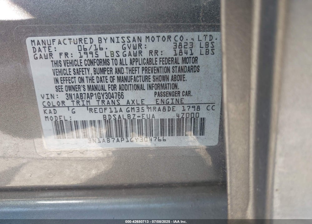 2016 NISSAN SENTRA VIN: 3N1AB7AP1GY304766