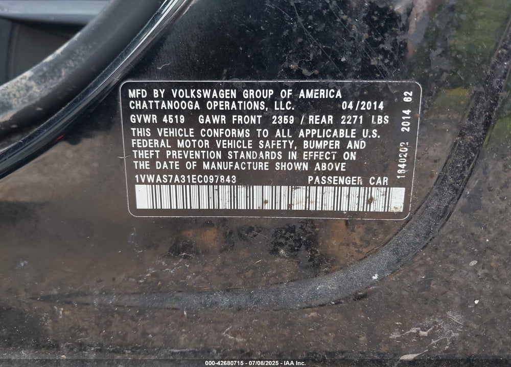 2014 VOLKSWAGEN PASSAT VIN: 1VWAS7A31EC097843