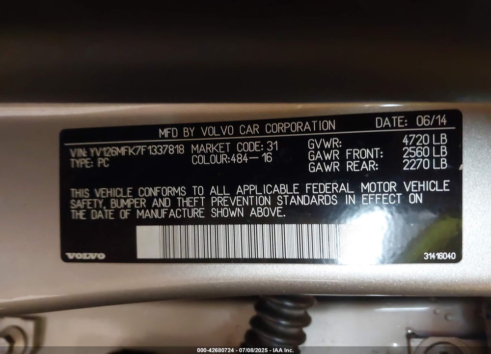 2015 VOLVO S60 VIN: YV126MFK7F1337818