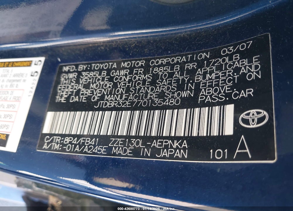 2007 TOYOTA COROLLA VIN: JTDBR32E770135480