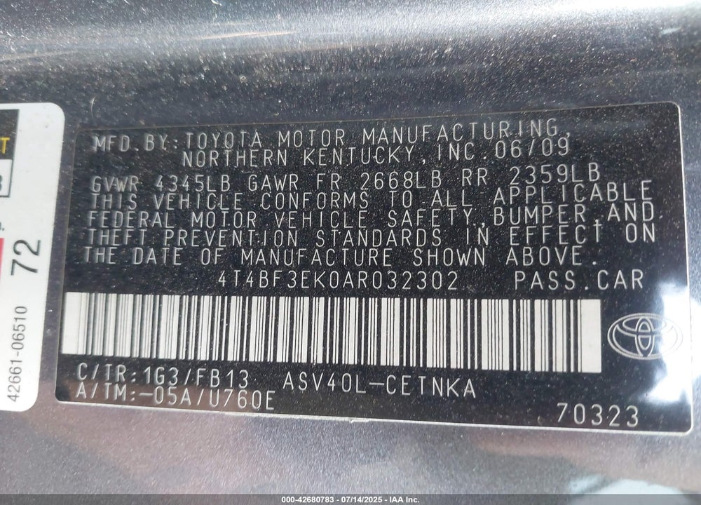 2010 TOYOTA CAMRY VIN: 4T4BF3EK0AR032302